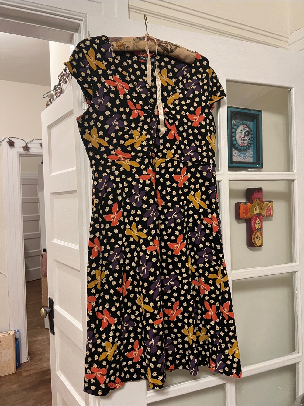 Toad&Co Black Midi Dress with Orange, Yellow & Purple Floral Print